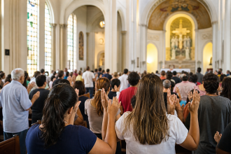 Participantes reunidos em oração durante encontro vocacional em um santuário brasileiro
