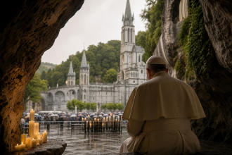 Papa Leão XIV durante viagem apostólica à França, em composição editorial relacionada à visita a Lourdes, sem textos ou rostos identificáveis de vítimas.