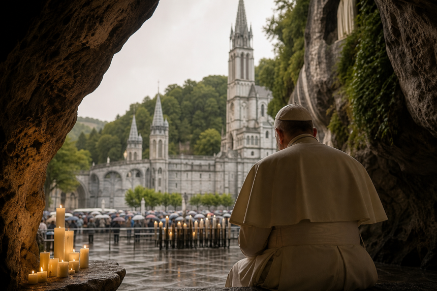 Papa Leão XIV durante viagem apostólica à França, em composição editorial relacionada à visita a Lourdes, sem textos ou rostos identificáveis de vítimas.